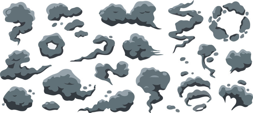 Explosive smoke cartoon clouds. Manga dark smoke puffs and swirling cloud. Bomb smoky explosions, dust and vapor steam for comic scene, fire blast effect and car exhaust. 
