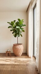Serene indoor space with potted fiddle leaf fig tree near window