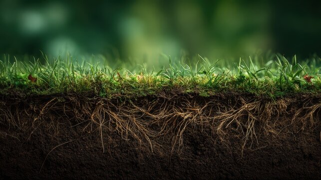 Cross section of healthy soil with green grass and visible root systems
