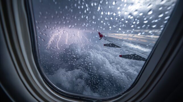 Airplane flying through a thunderstorm with lightning and heavy rain