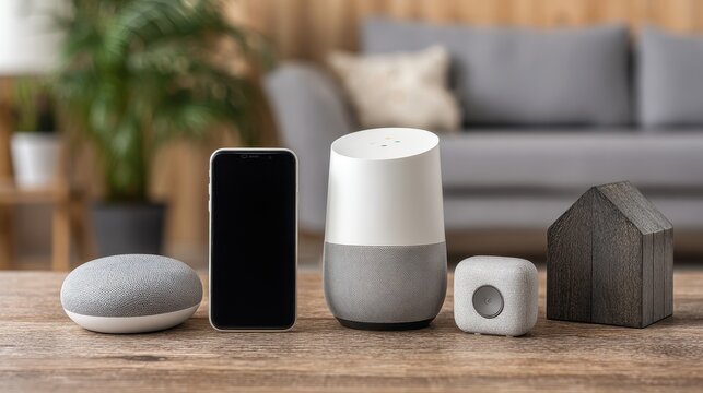 Smart home devices, including a Google Home Mini, a smartphone, a Google Home speaker, and a small wooden house, arranged on a wooden table with a blurred living room background.