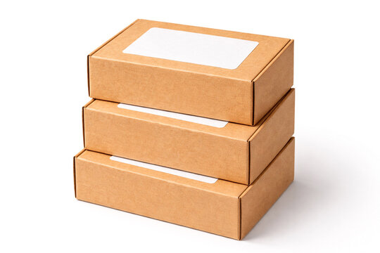 Stack of cardboard shipping boxes with blank labels, ecommerce packaging and warehouse storage concept on minimalist neutral background
