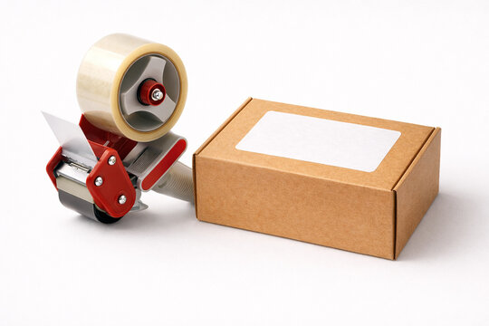 Cardboard shipping box with packing tape dispenser and blank label, ecommerce packaging and parcel preparation concept on neutral background