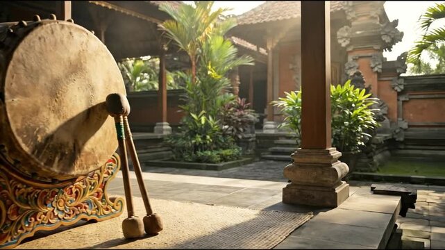 Traditional carved Balinese Bedug drum instrument resting in a sunny Indonesian temple courtyard with tropical plants and architecture