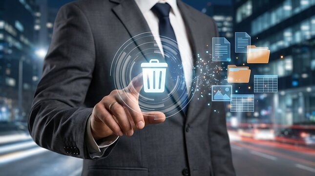 Businessman Deleting Digital Files from a Futuristic Interface.