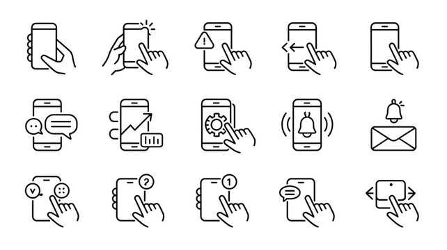 Set of phone interface icons hand gestures for mobile app interaction and user experience design