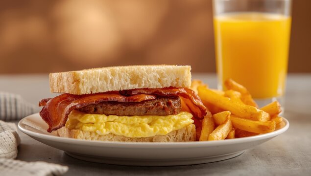 Breakfast sandwich with scrambled eggs, bacon, sausage, and home fries