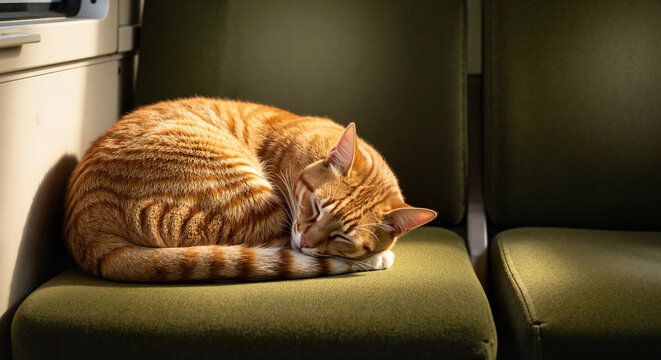 Sleeping orange cat curled on empty train seat in natural light  
