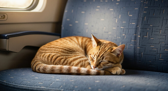 Sleeping cat resting on train seat by the window in sunlight  