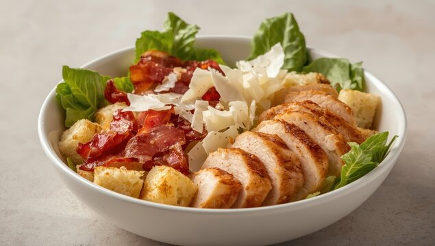 Caesar salad bowl with romaine, Parmesan, bacon, chicken, and croutons