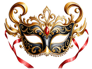 A luxurious black and gold mask adorned with a vibrant red ribbon, great for masquerade balls or mysterious characters