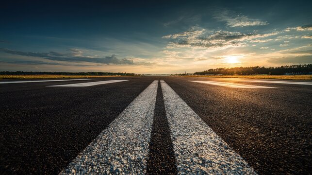 An empty airport runway at sunset with dramatic clouds, asphalt road with white markings