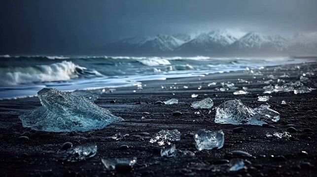 Ice chunks on black beach with snowy mountains