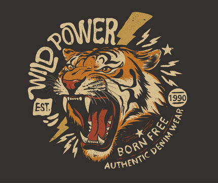 Born free. Wild and free artwork. Rock and roll t shirt design. Tiger face design. Animal rock and roll artwork for fashion and others.	
