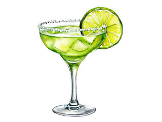 A simple illustration of a margarita cocktail with a slice of lime