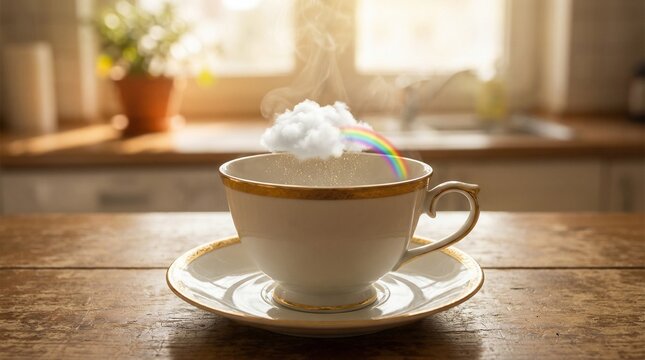 A steaming cup of coffee with a rainbow emerging from the steam on a wooden table in a cozy kitchen