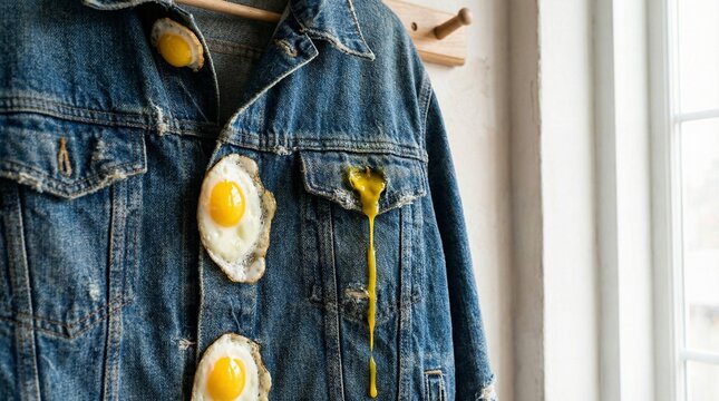 A denim jacket with fried eggs melting on it hangs by a window.