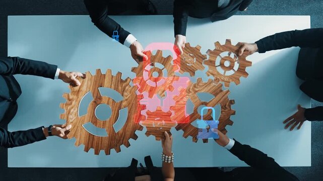 A dynamic aerial view of professionals engaging in a strategic meeting, featuring interlocking gears and digital security icons symbolizing teamwork and innovative solutions in business. Raster