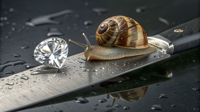 A snail sits on a wet knife next to a diamond in a dark setting.