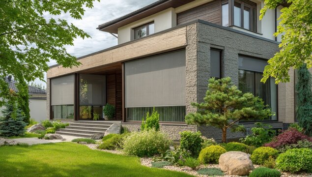 Luxury modern house exterior with motorized solar screens and professional landscaping