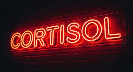Fototapeta premium red neon cortisol sign on brick wall conveying stress and health awareness concept