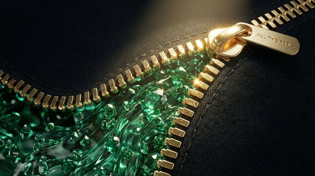 A close-up view of a gold zipper on a black leather bag filled with green gemstones.
