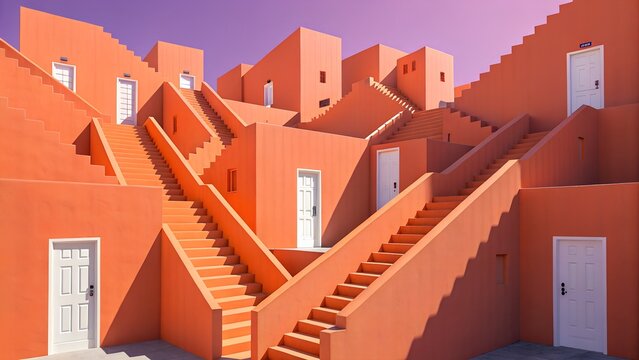 A vibrant and colorful architectural complex with multiple staircases and doors