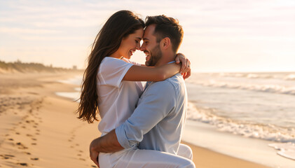 Fototapeta premium Young couple embracing on the beach at sunset. Man lifting woman during golden hour by the ocean. Romantic summer vacation and honeymoon concept