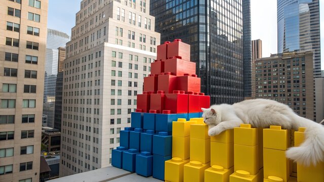 A white cat lounges on a structure made of colorful blocks in a cityscape