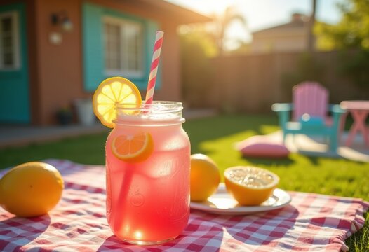 Bright Pink Lemonade Mason Jar Picnic Refreshment Straws Summer Festivity Backyard Playfulness