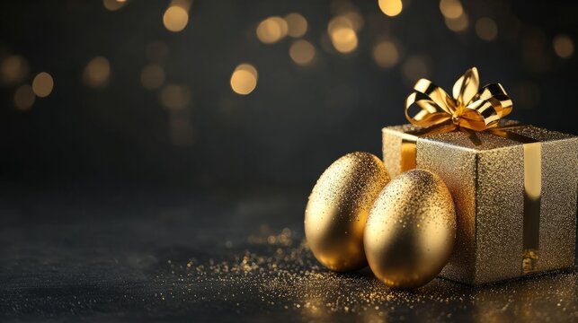 Golden eggs and gift box celebrating easter holiday