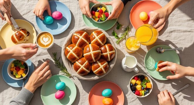 family enjoying easter brunch with hot cross buns and colorful eggs outdoors