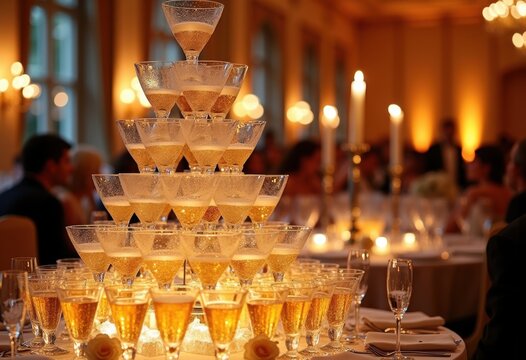 Cascading Champagne Glass Tower Splendidly Decorates Grand Wedding Reception Aisle