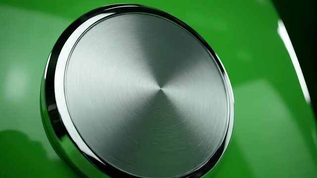 Close-up of a shiny silver button on a vibrant green surface.