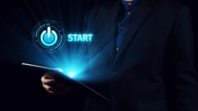 Start 2025 concept with futuristic power button symbolizing fresh beginnings, innovation, and digital transformation. Start 2025, new goals, and start 2025 initiative. Elide