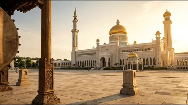 Cinematic reveal of Sultan Omar Ali Saifuddien Mosque behind traditional wooden Beduk drum in Bandar Seri Begawan Brunei at sunset