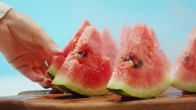 Vibrant, ripe watermelon slices, glistening with condensation, on a rustic board against soft pastel, bathed in natural light and mist. Hand picks a slice. Concept of refreshing summer delicacy