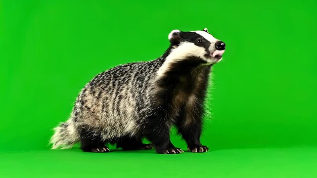 Badger in front of a green background, looking for food.