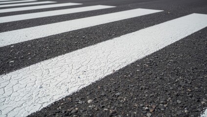 Fototapeta premium Close-up of new white road markings on cracked gray asphalt, with a white background