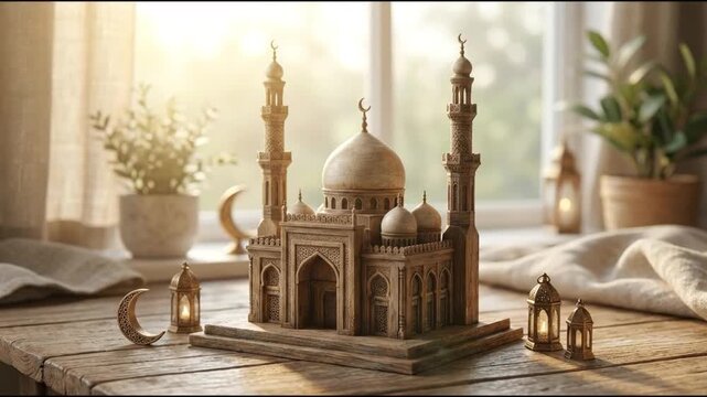 Wooden mosque miniature with lanterns and crescent moon on table near window for Ramadan and Eid decoration