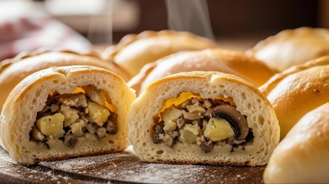 Freshly baked stuffed buns cooling on wooden board with steam rising in cozy kitchen