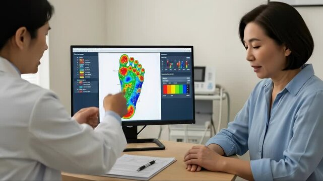 Doctor consults with patient using advanced foot scan technology for personalized orthopedic solutions