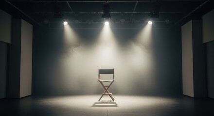 Director's chair in a dimly lit studio with spotlights shining down