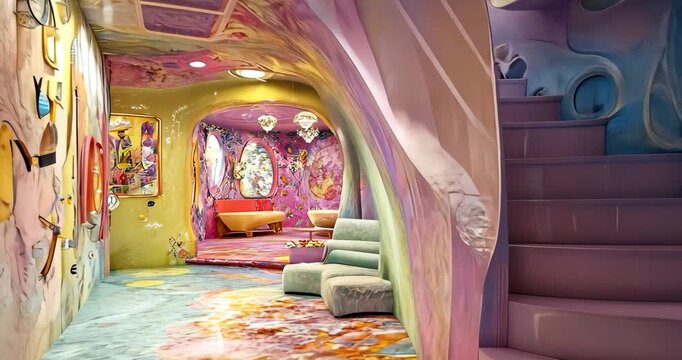 A whimsical interior showcases pastel colors, organic shapes, and a surreal, dreamlike atmosphere with unique design elements and artistic touches.