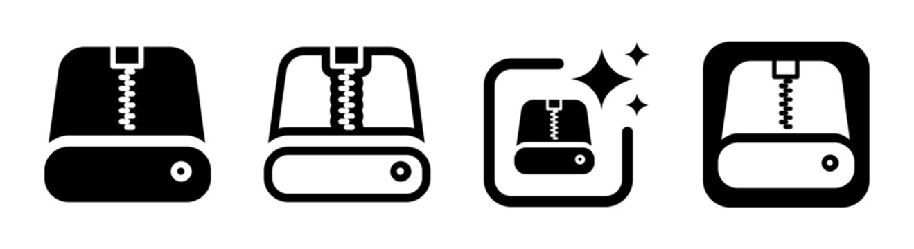 Black hard drive icon with zipper representing compressed data and secure file archive vector illustration with transparent PNG
