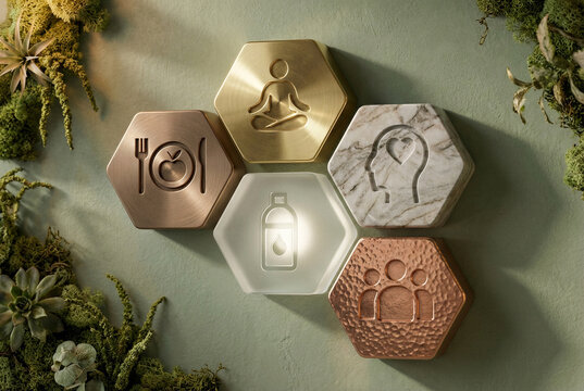 Hexagonal icons of health and wellness pillars with natural greenery background