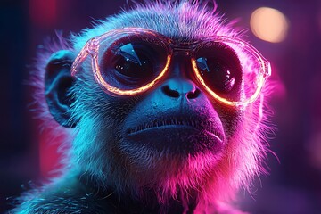 Obraz premium Cyberpunk neon monkey with futuristic glowing glasses high resolution picture