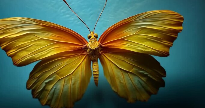 A macro close-up reveals a vibrant yellow and orange butterfly with intricate wing patterns against a teal background, studio lighting.