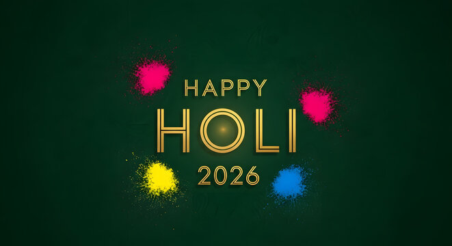 Happy Holi 2026 dark green background rainbow swirl typography festival celebration poster greeting card banner invitation social media art