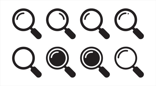 Black magnifying glass and search icons set in minimal flat vector style